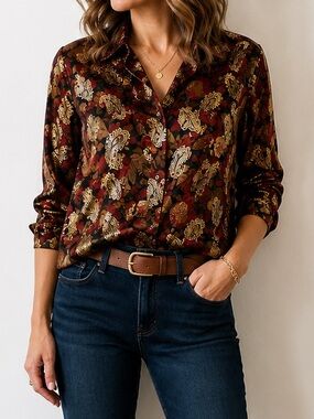 CB Collections Petite Large Floral Paisley Metallic Gold Button Front Blouse